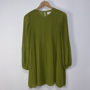 Wilfred Aritzia Daydreamer Mini Dress Olive Green Pleated Long Sleeve XS